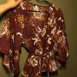 Burgundy blouse with flowers & birds